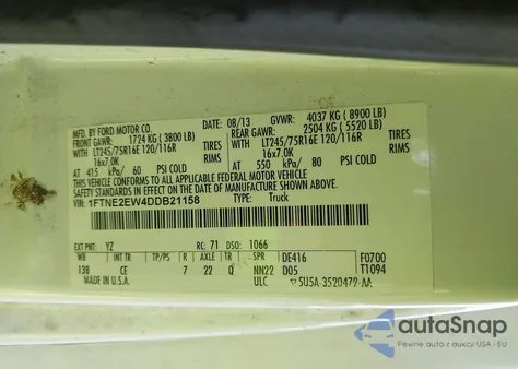 2013 Ford E-250 Commercial z USA, uszkodzony, nr VIN 1FTNE2EW4DDB21158